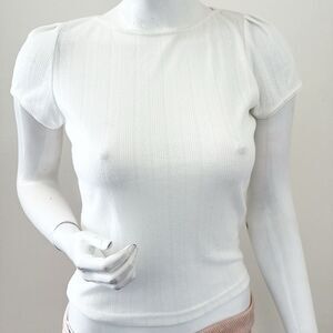 Wyllis Edie White Pointelle Bateau Short Flutter Sleeve Puff Shoulder T-shirt